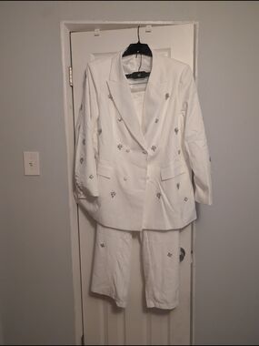 White Embellished Double-Breasted Blazer and Trouser Set